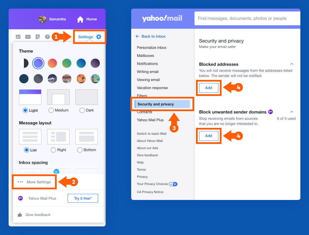 screenshot of how to change your privacy settings in Yahoo Mail