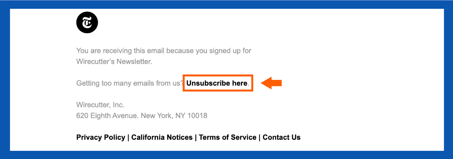 screenshot of how to unsubscribe from mailing lists