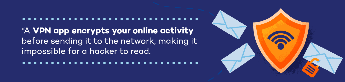 Illustration explaining how a VPN app encrypts online activity.