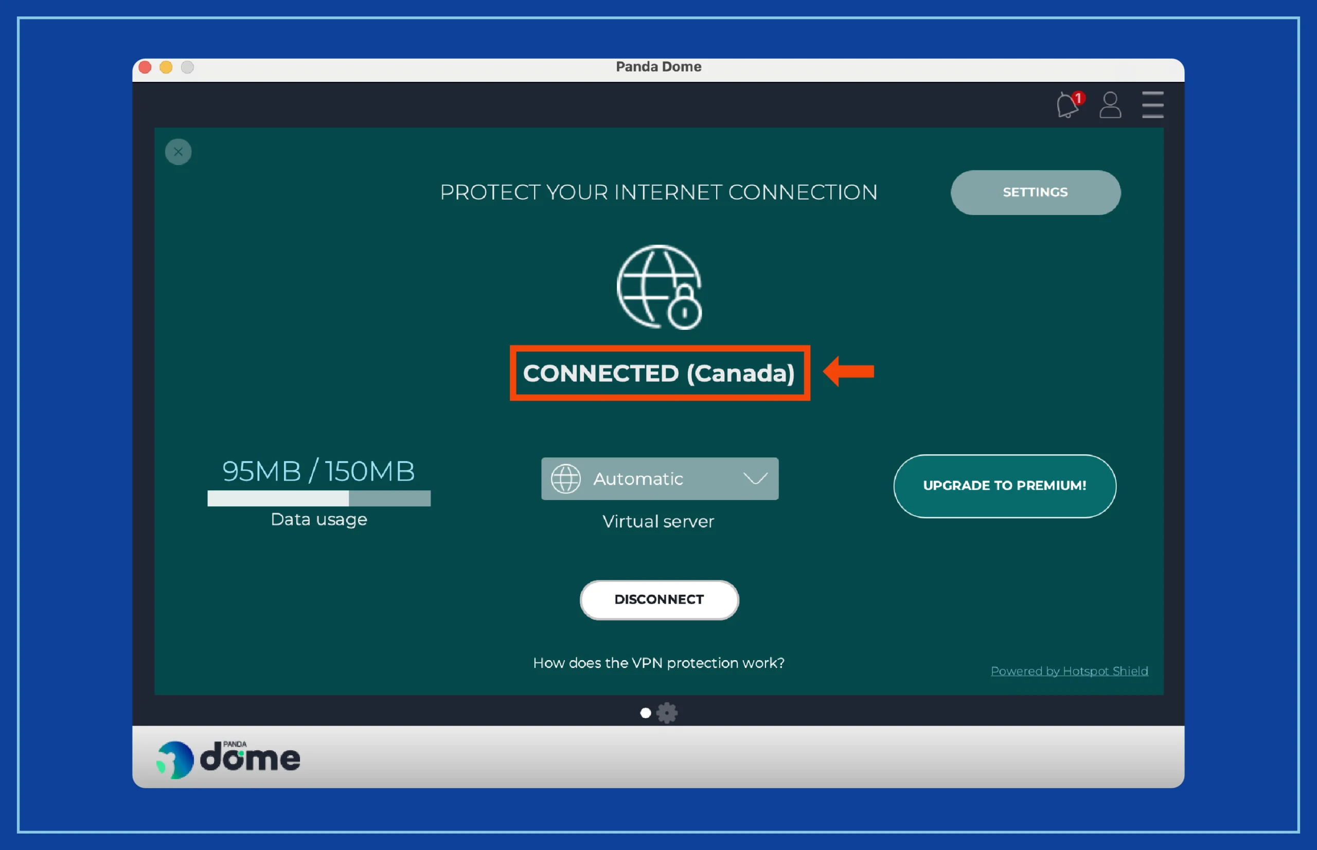 Screenshot of a VPN account showing its connection status