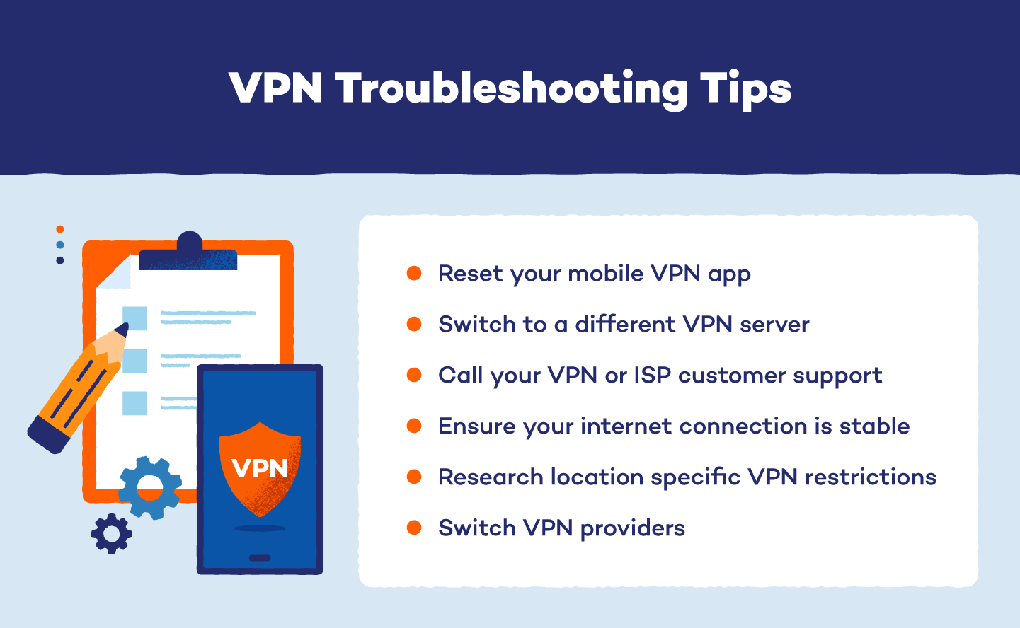 กราฟิกเคล็ดลับการแก้ไขปัญหา VPN
