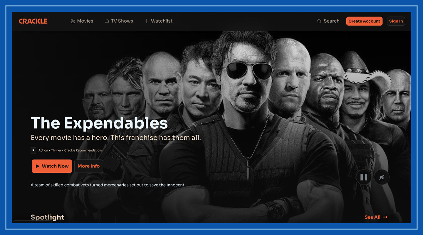 Screenshot of the Crackle homepage.