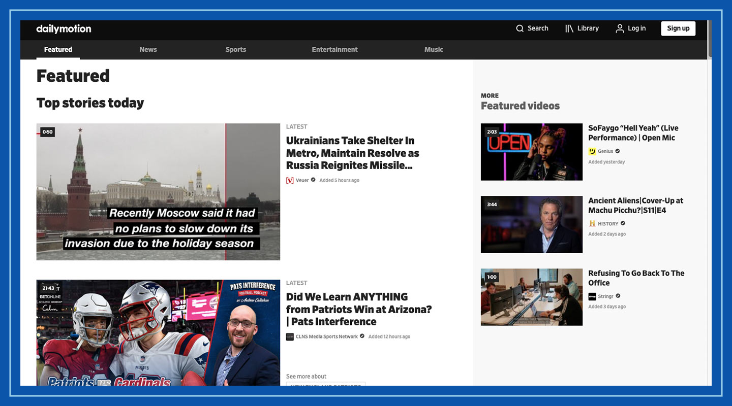 Screenshot of the Dailymotion homepage.