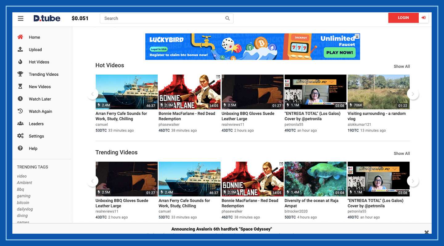 Screenshot of the DTube homepage.