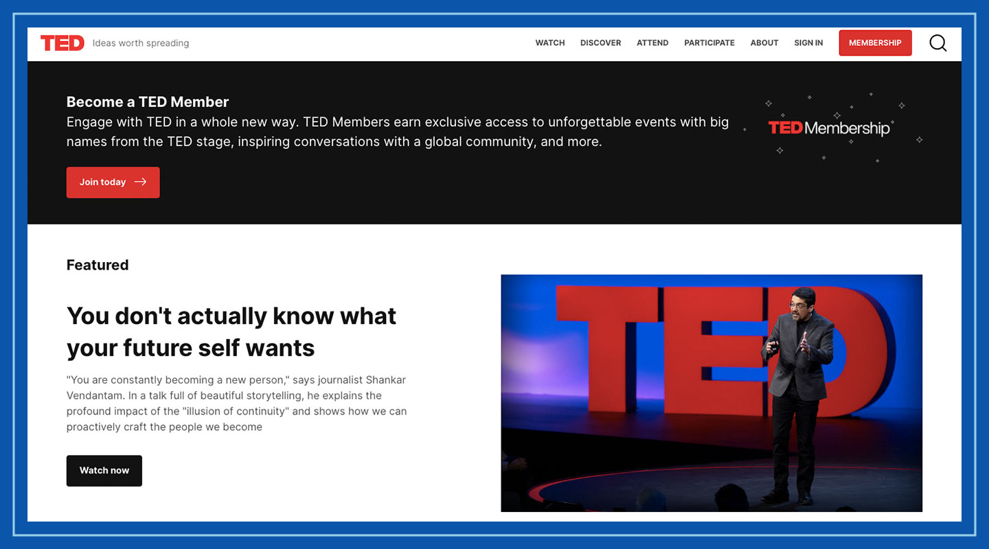Screenshot of the TED homepage.