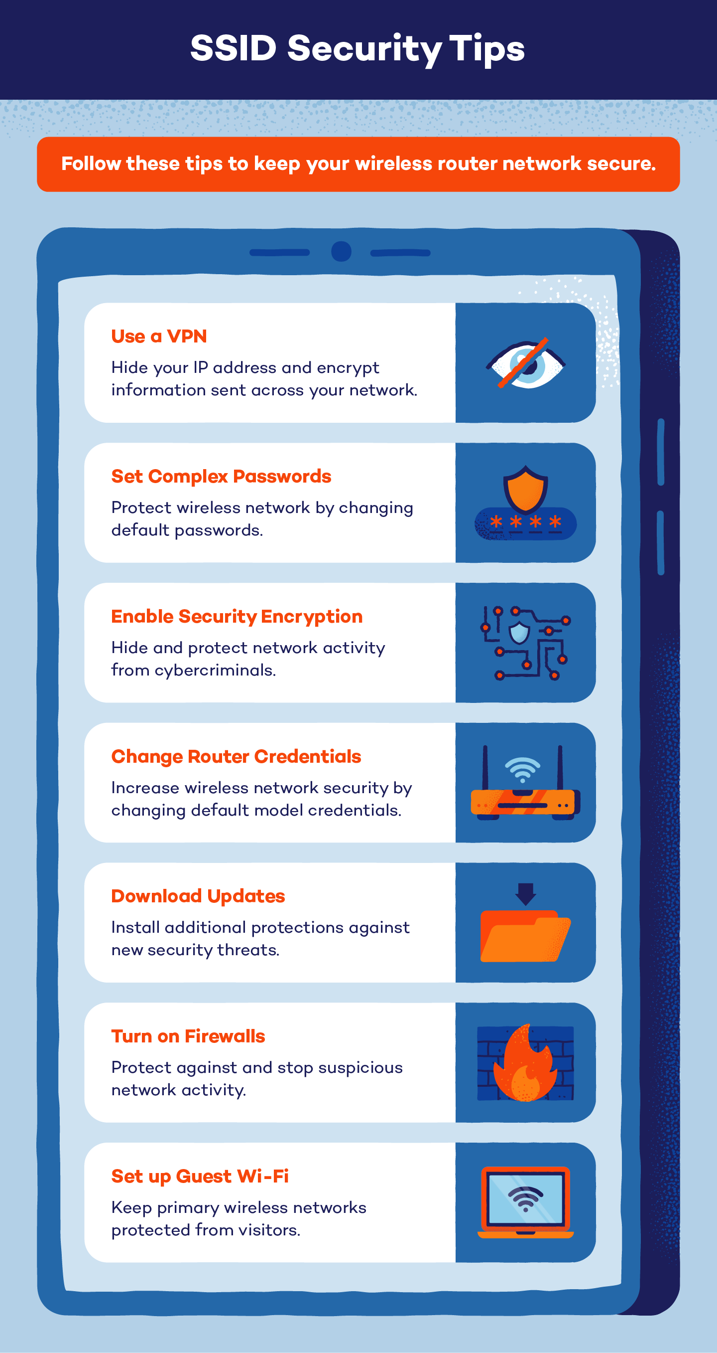 Illustration of a mobile phone with 7 security tips for SSIDs.