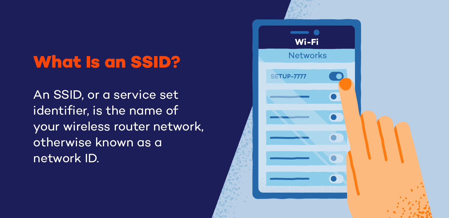 SSID definition next to an illustration of a hand scrolling and choosing a wi-fi network on a phone.