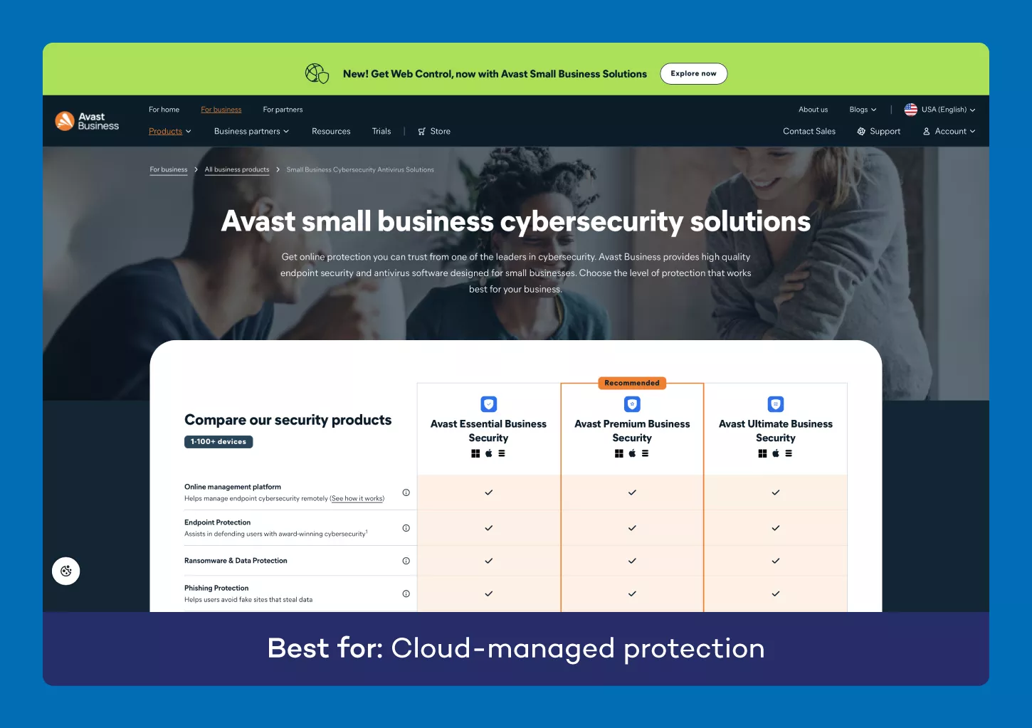 A screenshot of the website for Avast antivirus for small business.
