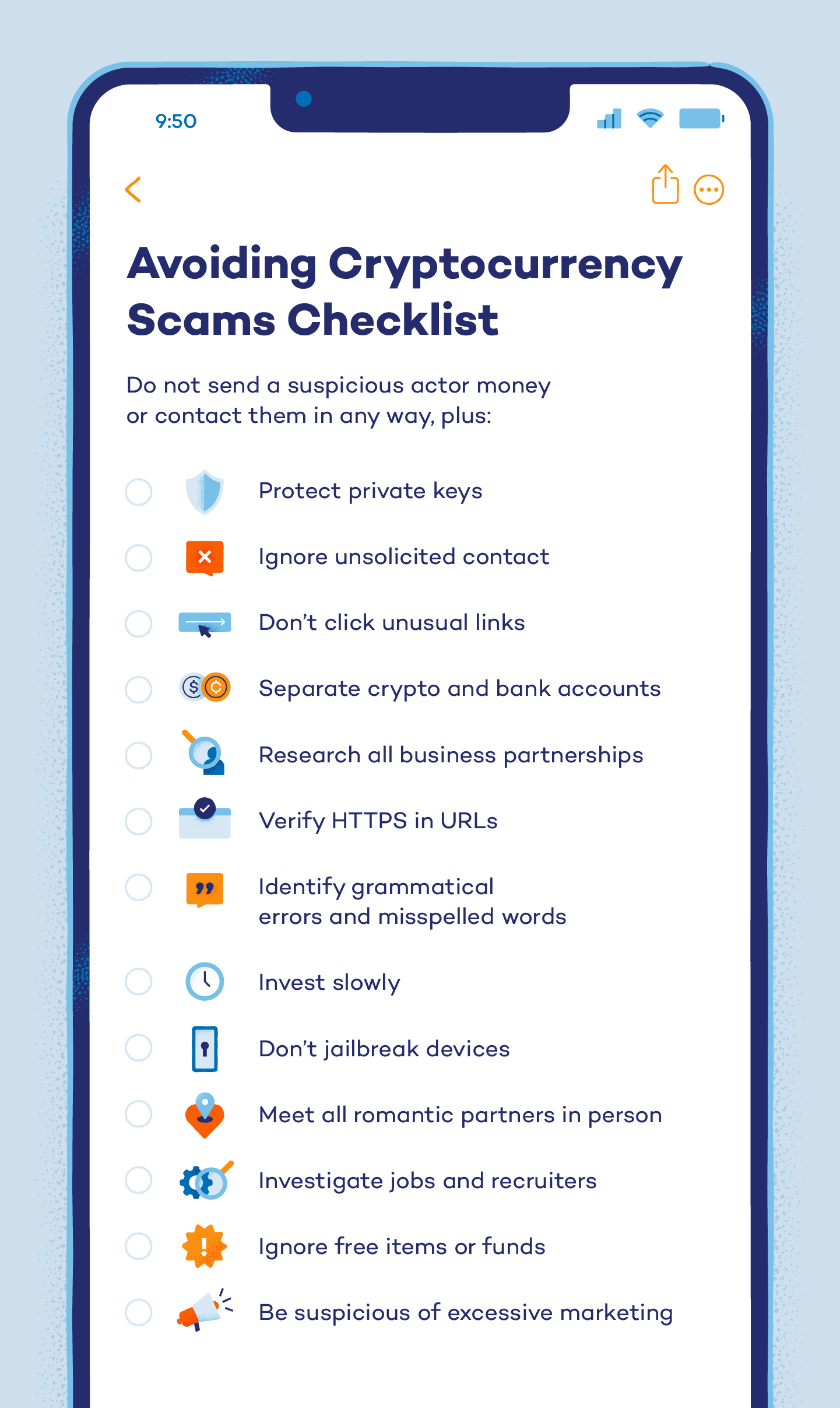 A list of thirteen ways to avoid cryptocurrency scams.
