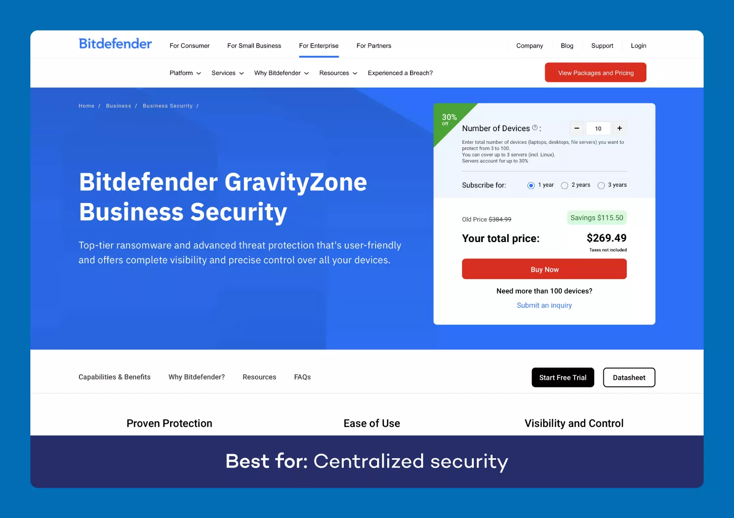 A screenshot of the website for Bitdefender antivirus for small business.