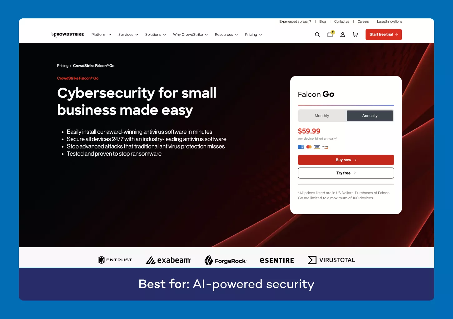 A screenshot of the website for CrowdStrike Falcon Go antivirus for small business.