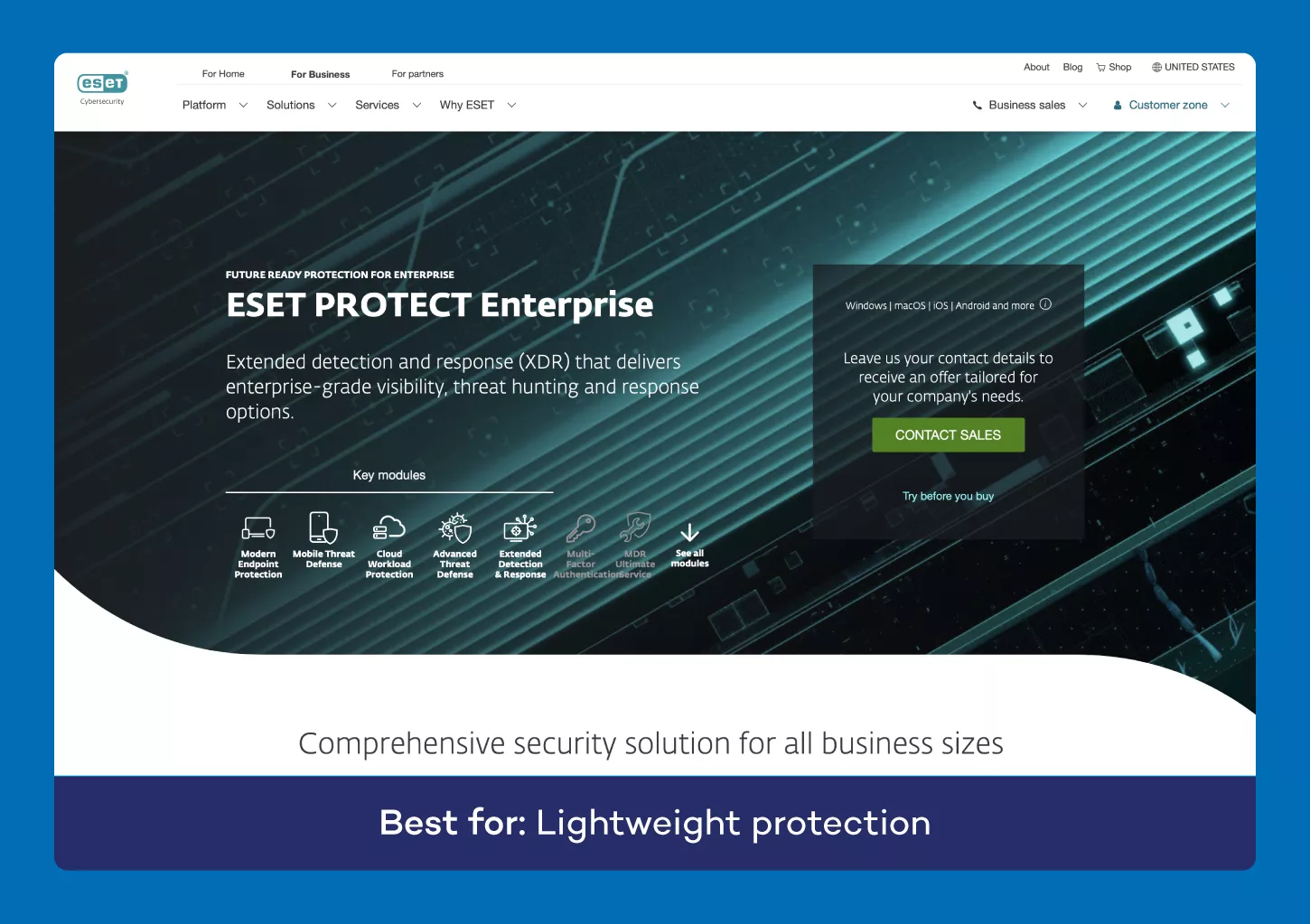 A screenshot of the website for ESET PROTECT antivirus for small business.