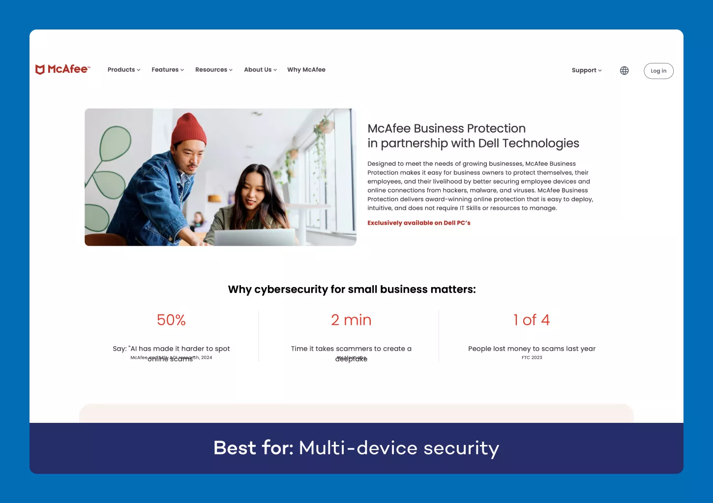 A screenshot of the website for McAfee antivirus for small business.