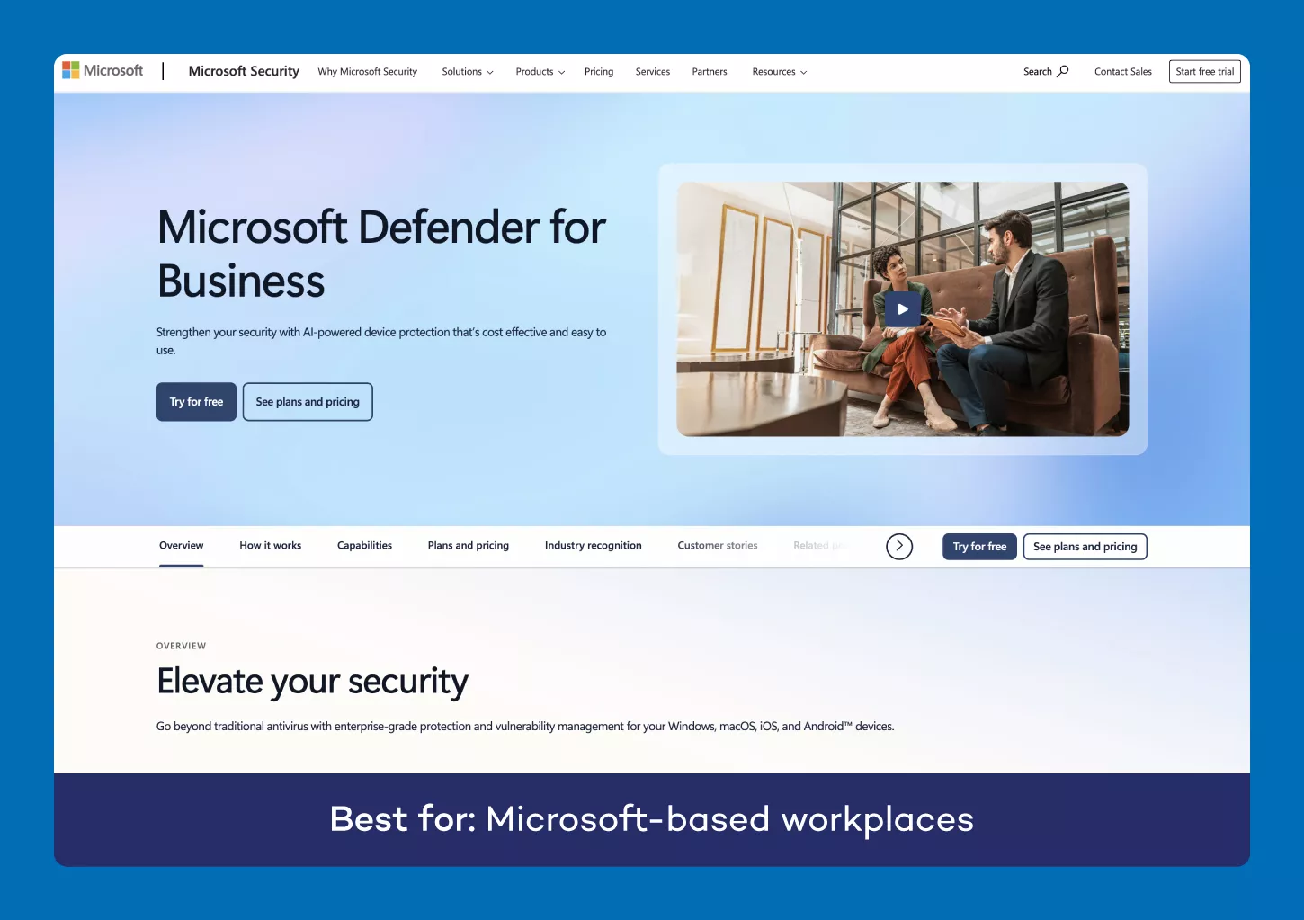 A screenshot of the website for Microsoft Defender antivirus for small business.