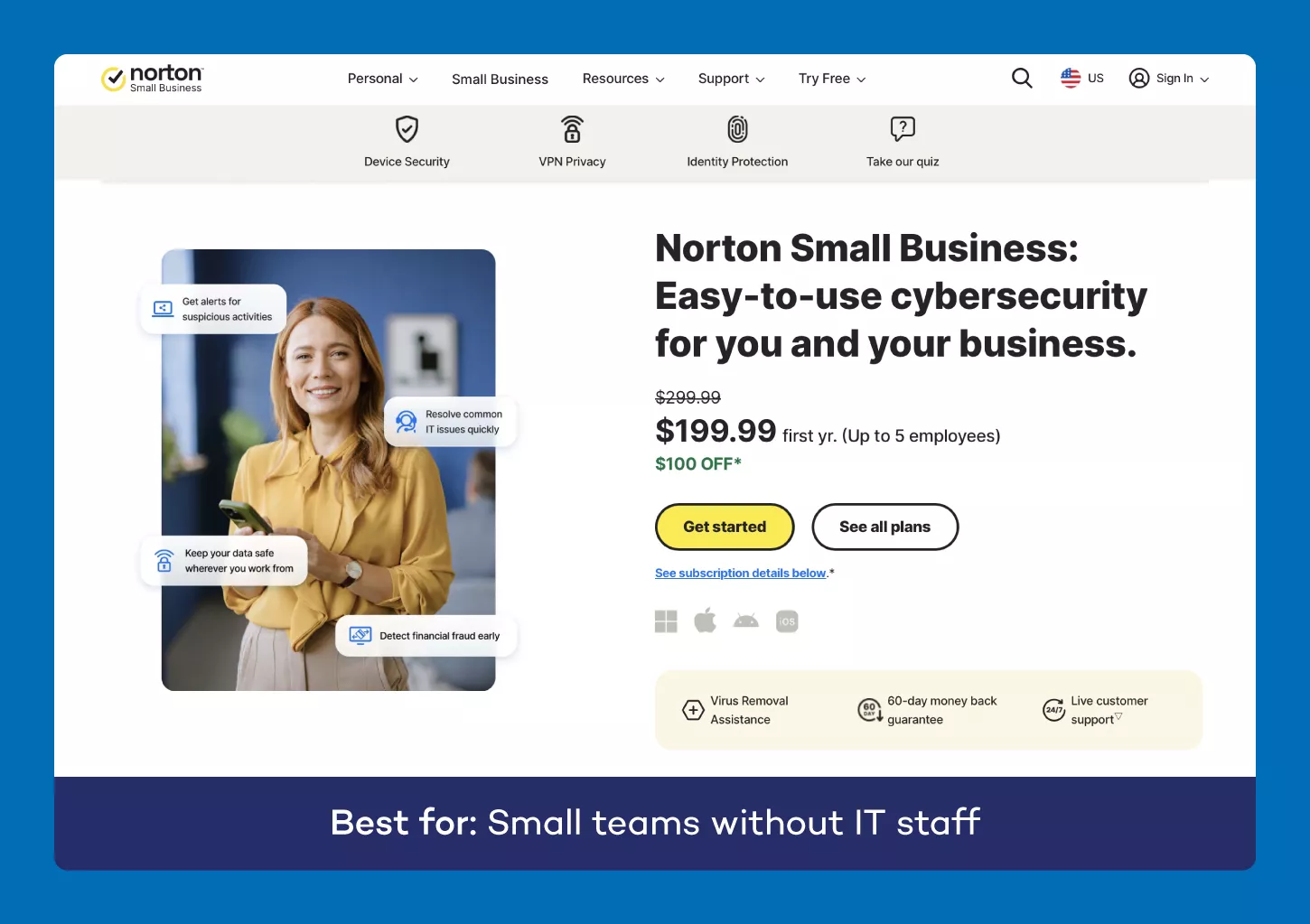 A screenshot of the website for Norton antivirus for small business.