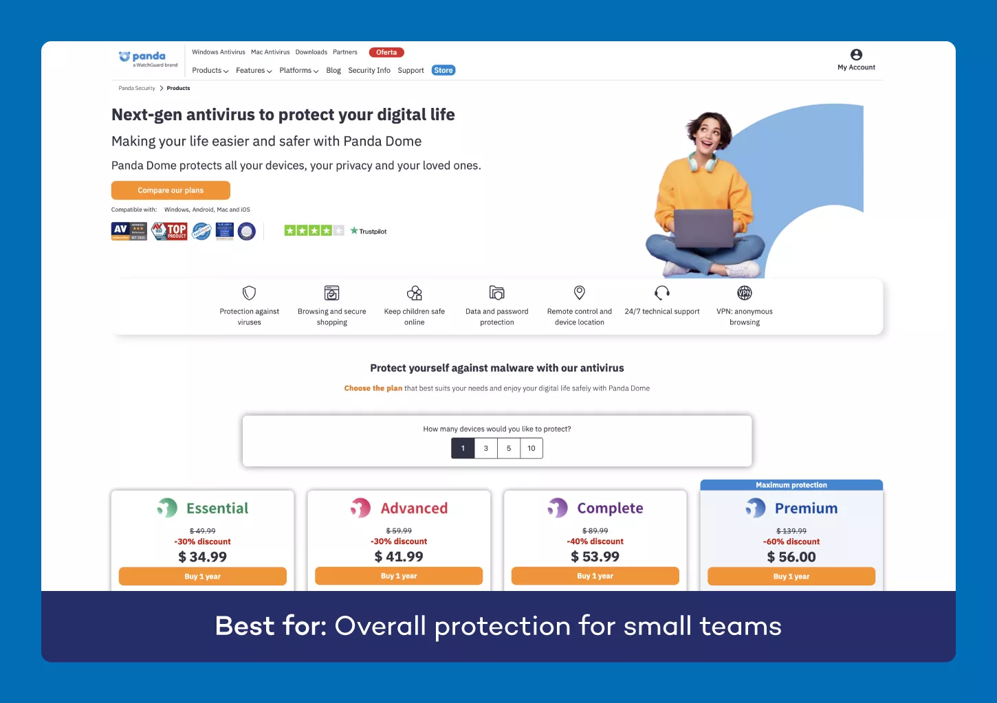 A screenshot of the website for Panda Dome antivirus for small business.