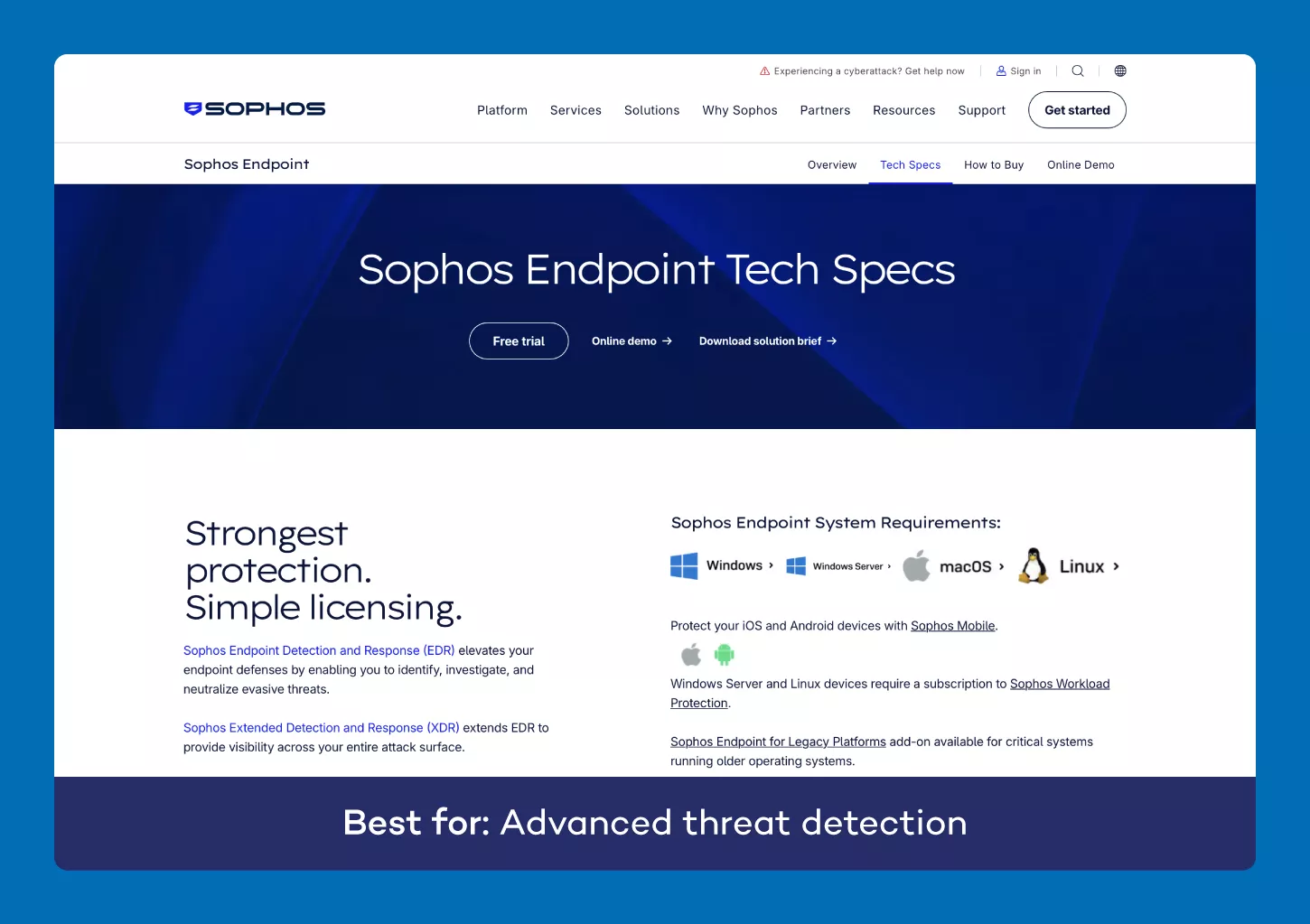 A screenshot of the website for Sophos Intercept X antivirus for small businesses.