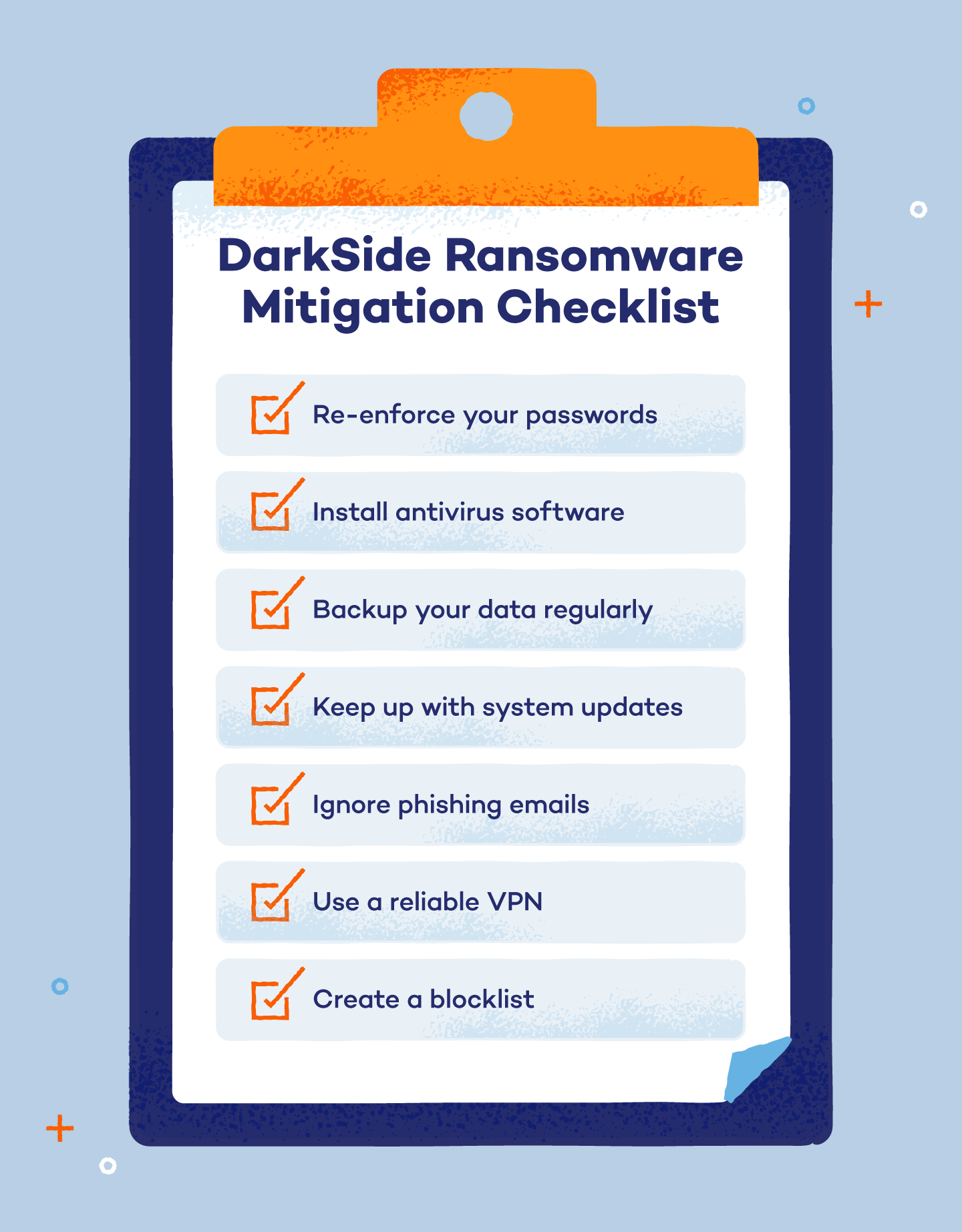 An illustrated checklist of ways to protect oneself against DarkSide ransomware