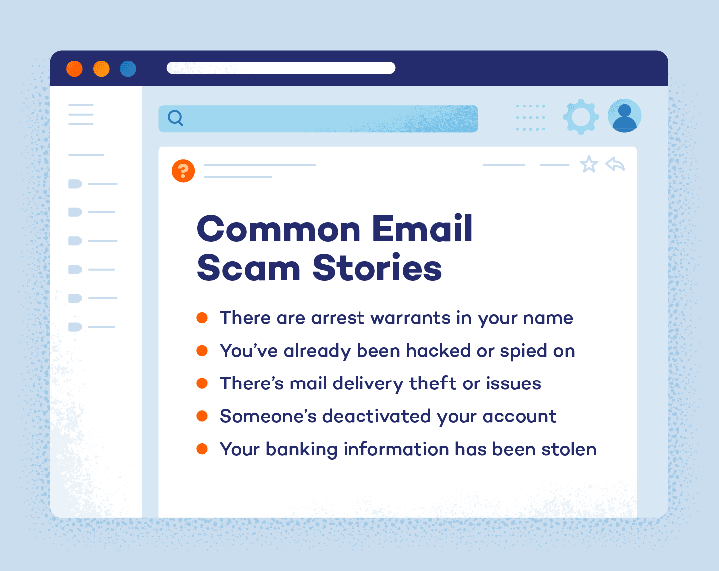Cartoon email screen relaying a few common email scam stories.