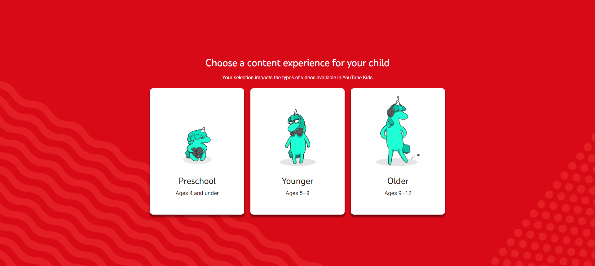 Screenshot of YouTube kids with three options for choosing content experience: Preschool, Younger, and Older.