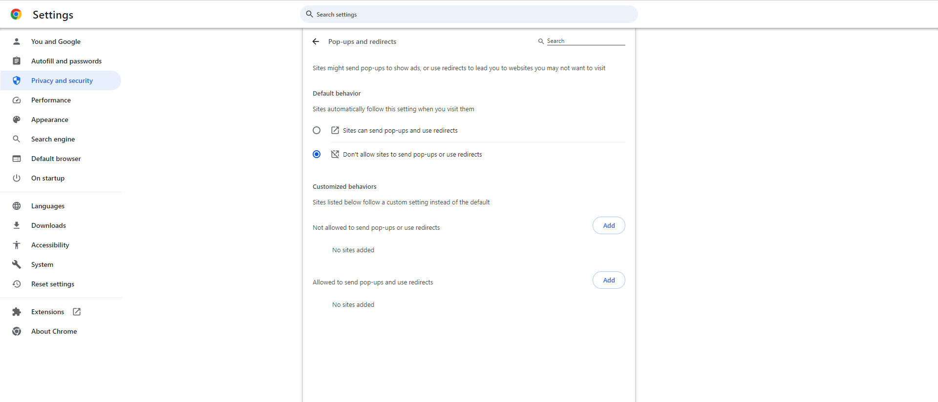 Screenshot showing Google Chrome settings for pop-ups and redirects