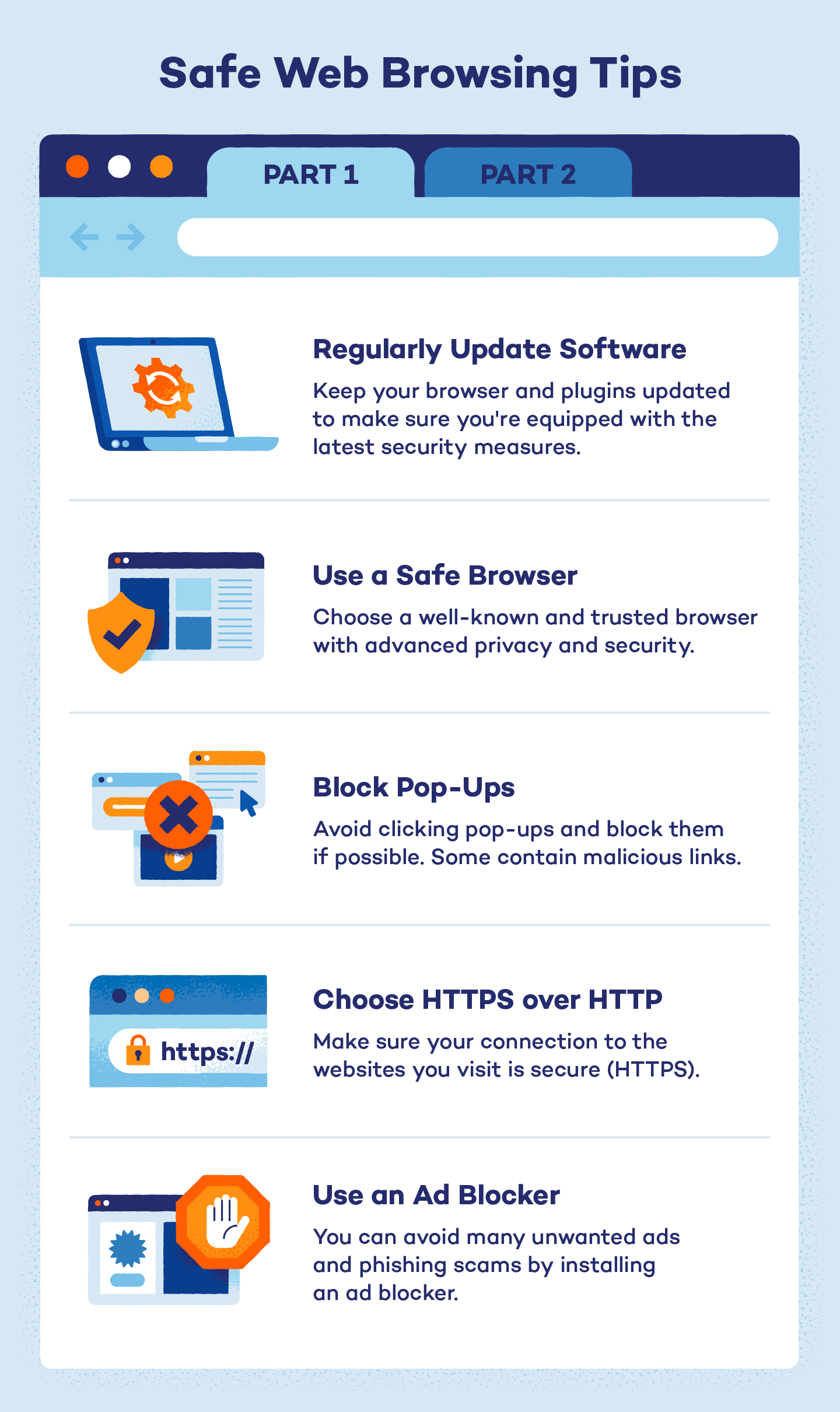 Graphic showing a list of safe web browsing best practices