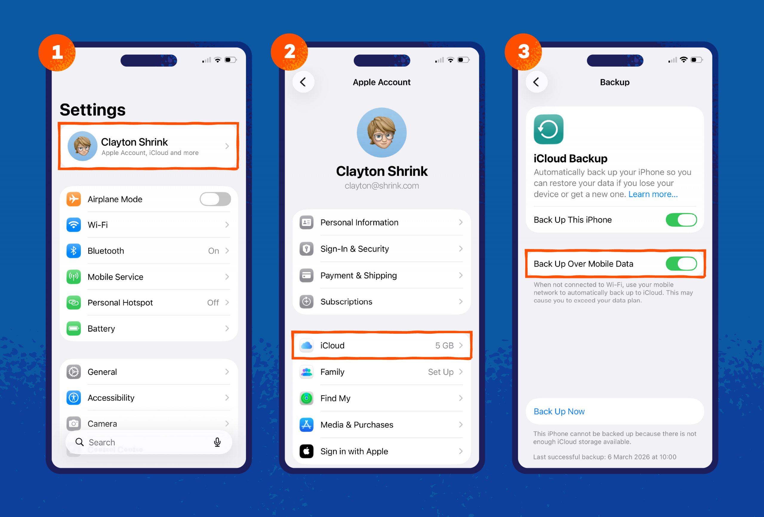 Screenshots showing how to navigate through your iPhone’s Apple profile and disable iCloud backup over cellular networks.
