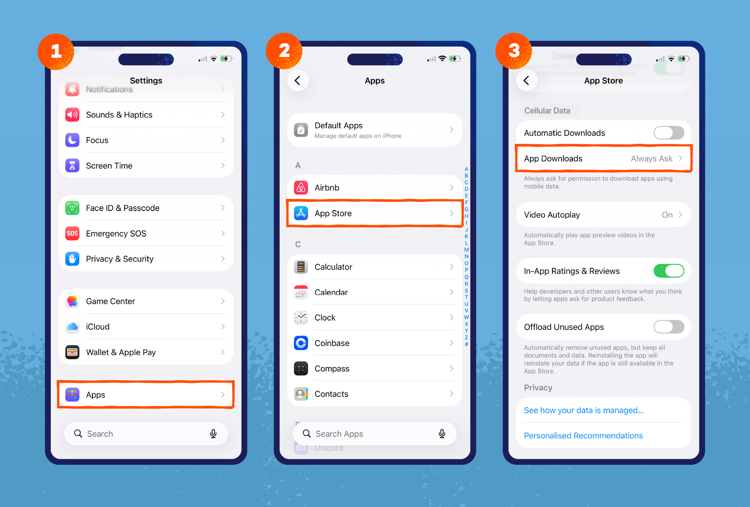 Screenshots showing how to navigate to the App Store and turn off large app downloads.