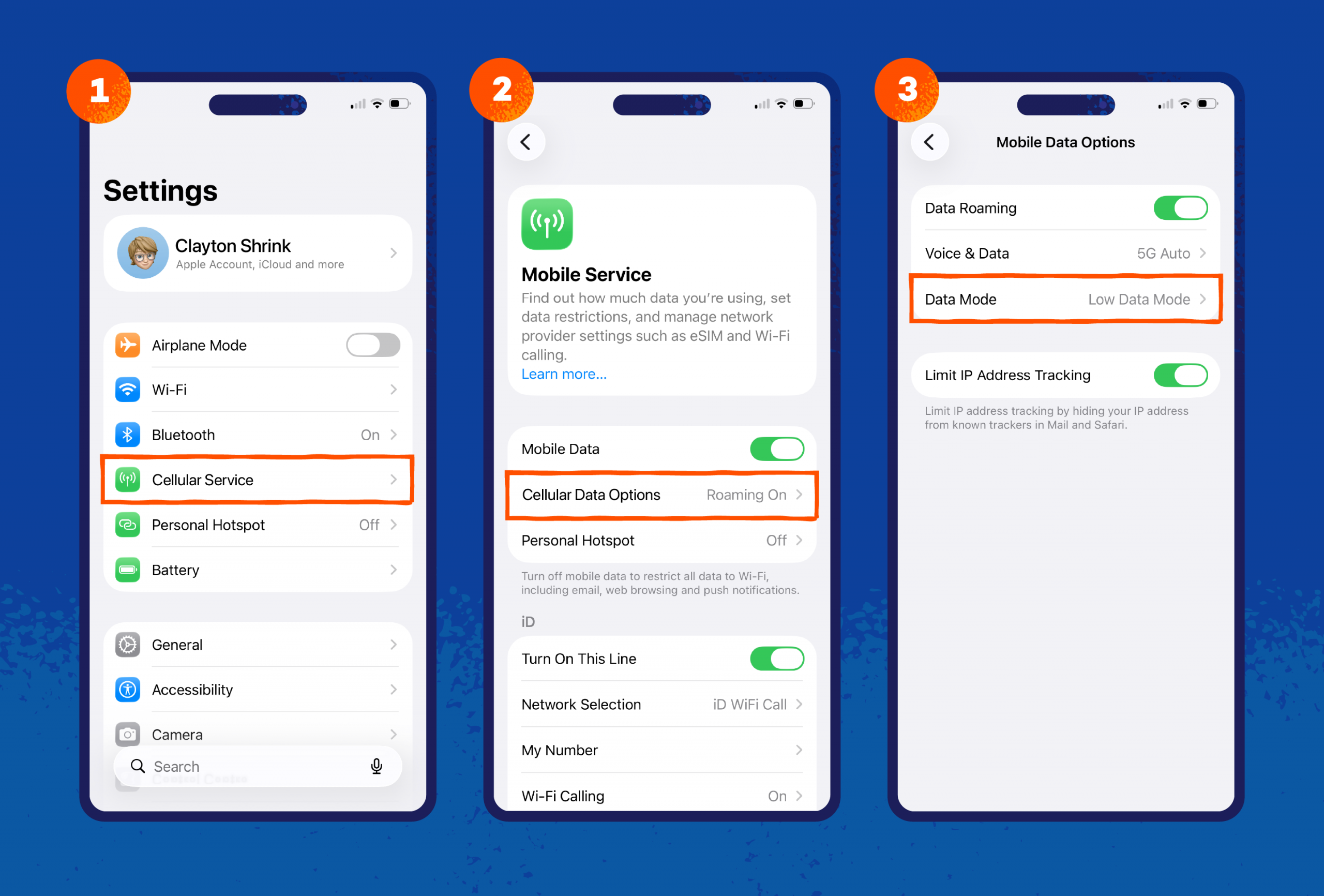 Screenshots showing how to navigate to your iPhone’s cellular settings and turn on Low Data Mode.