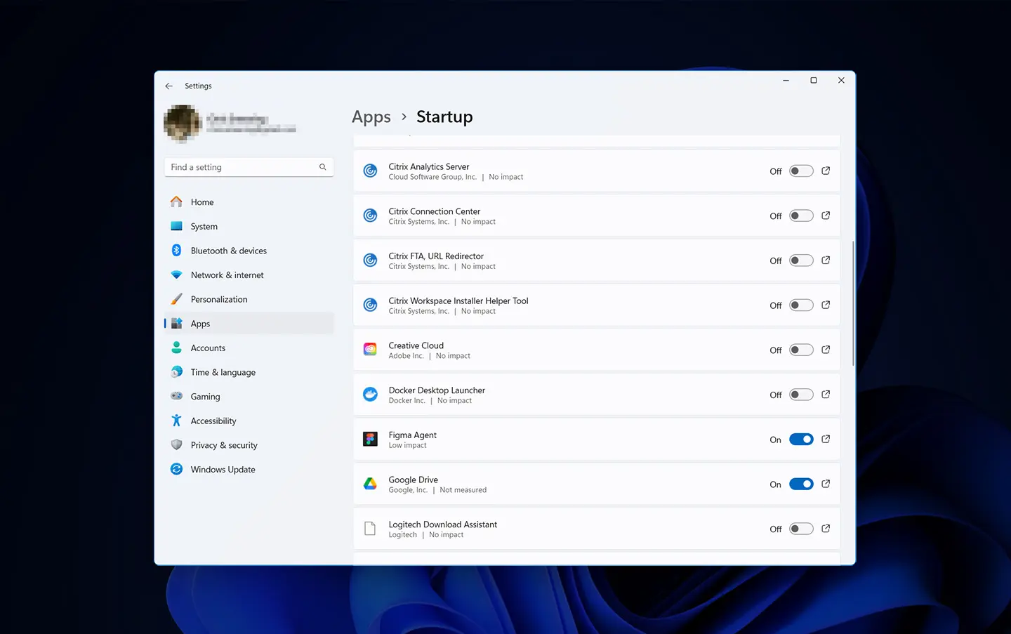 Screenshot of startup apps in Windows PC
