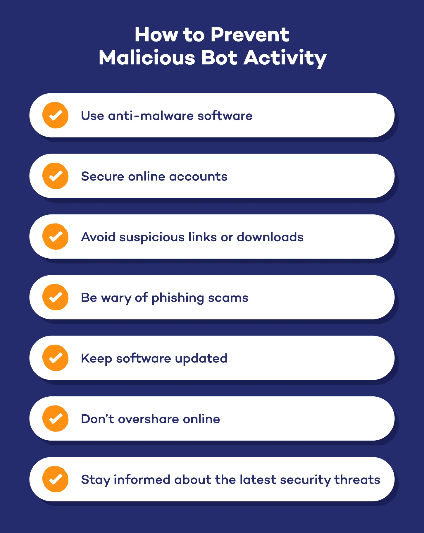 An infographic with seven tips on how to prevent malicious bot activity.