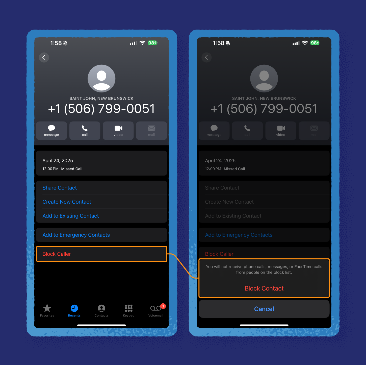 Screenshots showing how to block a contact in an iPhone. 