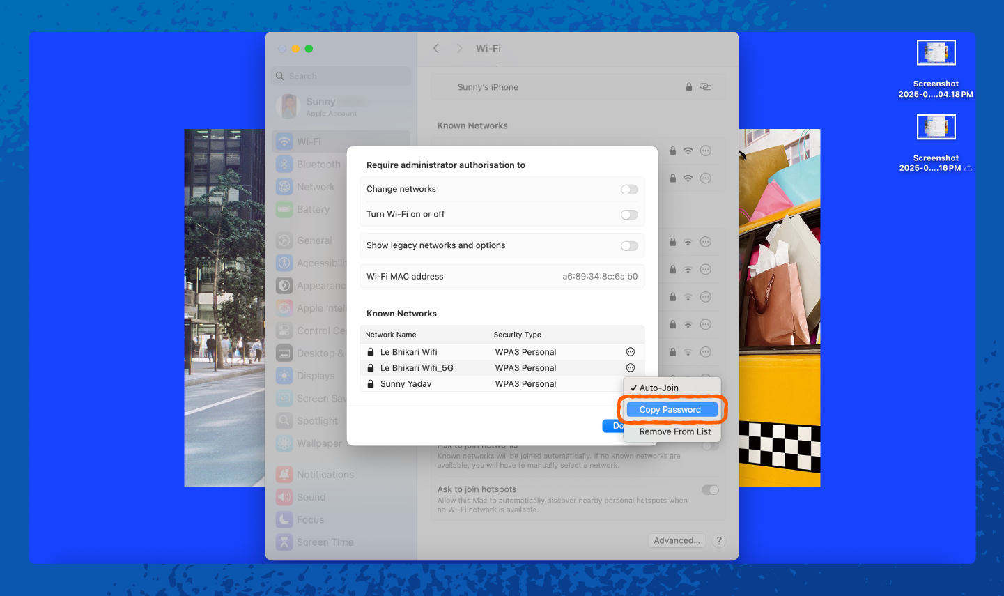 A Mac screenshot showing where to click to copy the password.