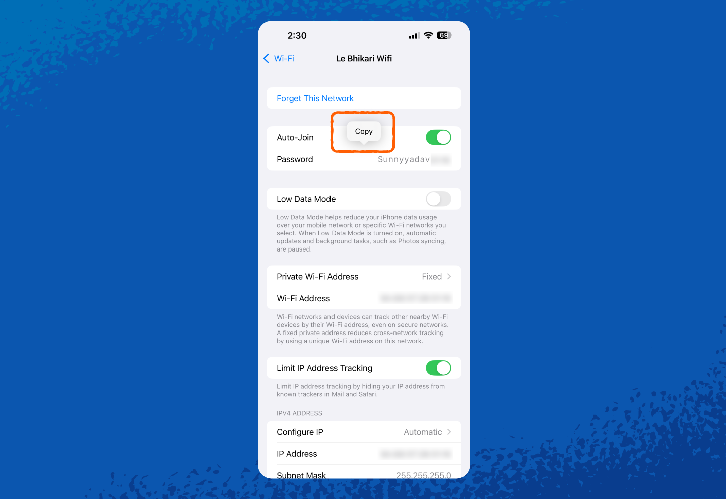 An iPhone screenshot showing where to tap to copy your password.