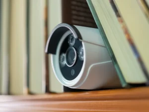 a hidden camera concealed on a bookshelf