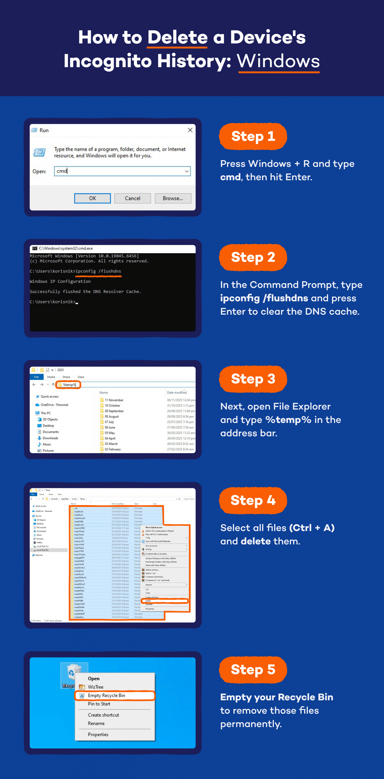 How to delete incognito history on a Windows device.