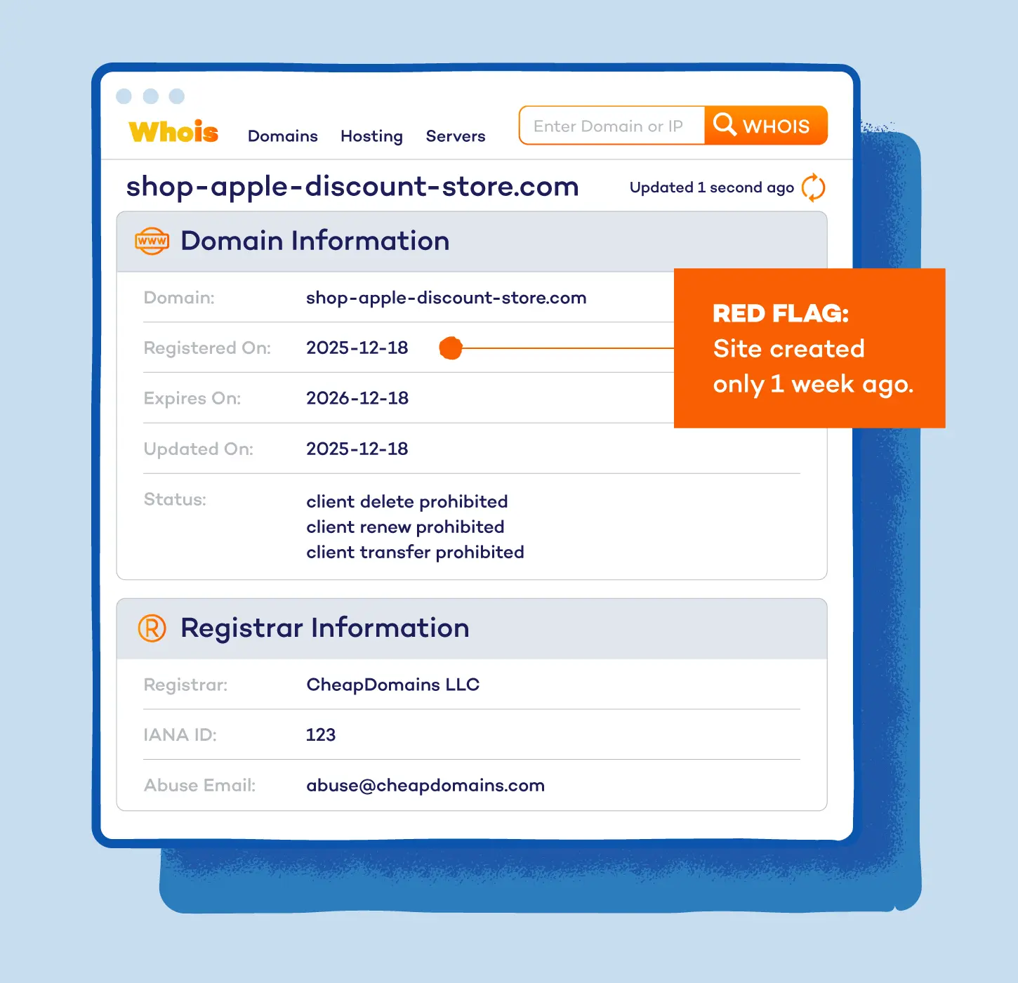 Example of a Whois report for a fake website.