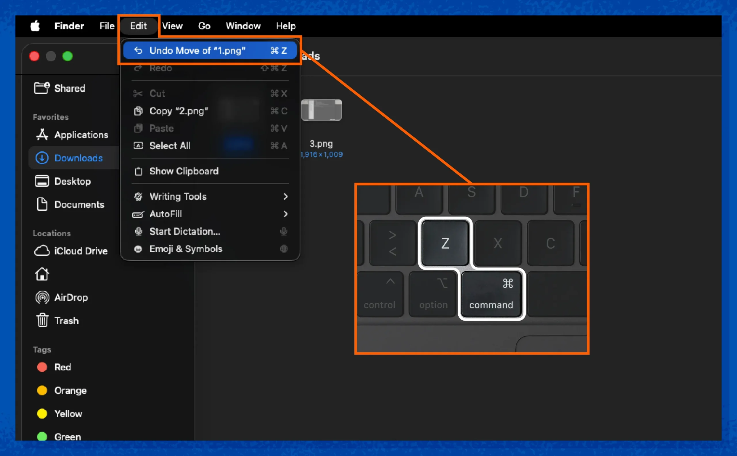 A picture of a Mac keyboard, highlighting CMD+Z on the keyboard, which undoes your last action. OR A screenshot showing you how to undo your file deletion from Finder on Macs.