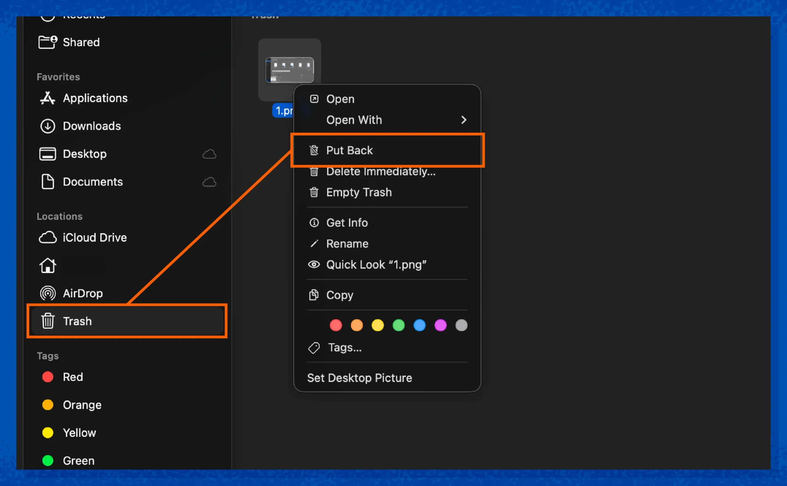 A screenshot showing how to recover files accidentally sent to the Trash on your Mac.