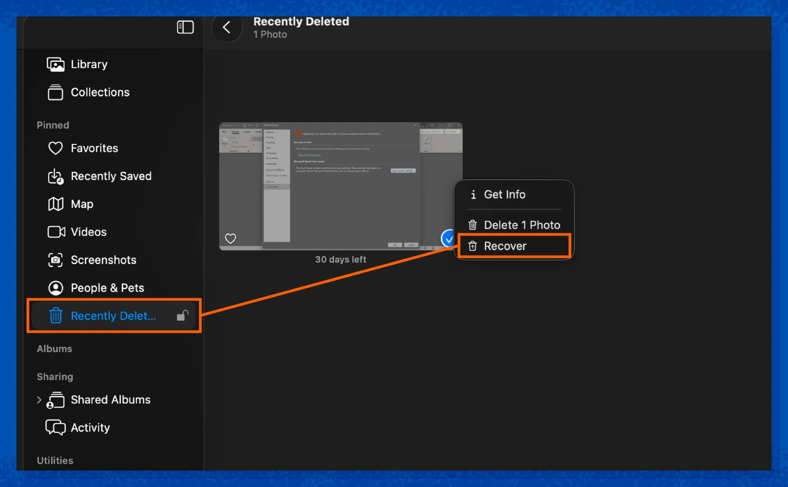 A screenshot showing how to recover files accidentally sent to the Recently Deleted folder on your Mac’s Photos app.