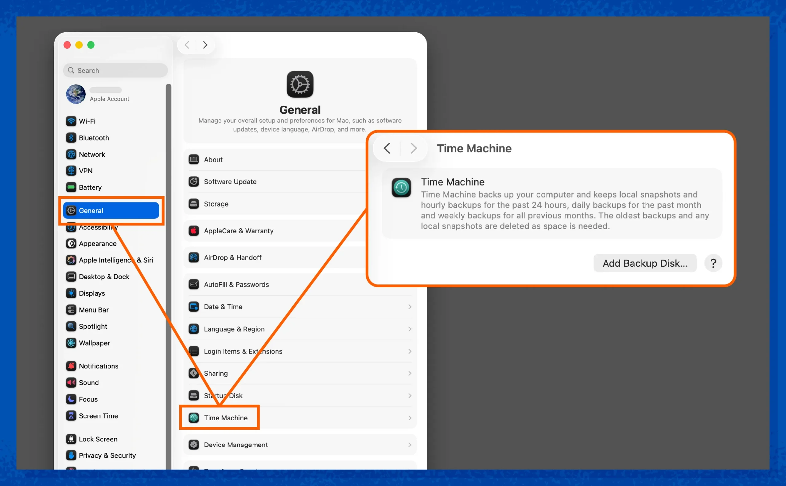 A screenshot showing where to find Time Machine on your Mac’s computer.