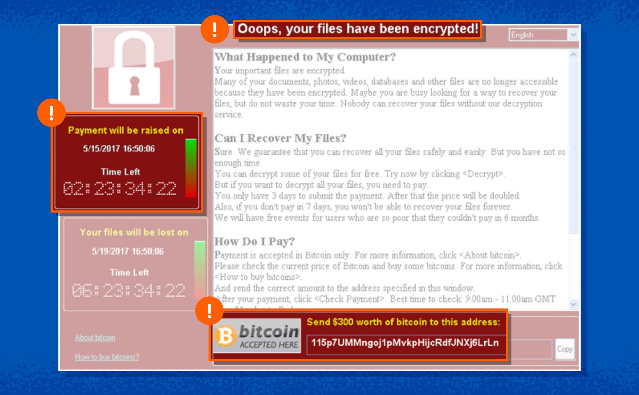 The WannaCry ransomware interface, showing a red header with the text 