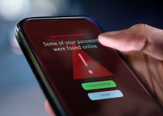 a closeup photo of a hand holding a smartphone with a glaring “some of your passwords were found online” notification clearly displayed on the screen