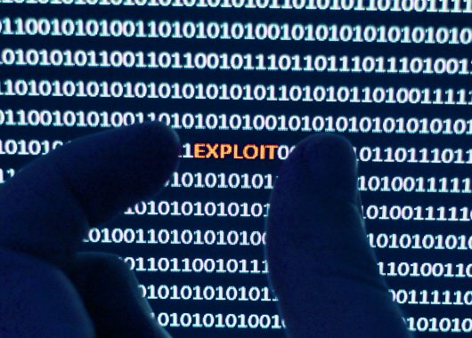 A pair of fingers extracting computer software exploit from a string of binary code.