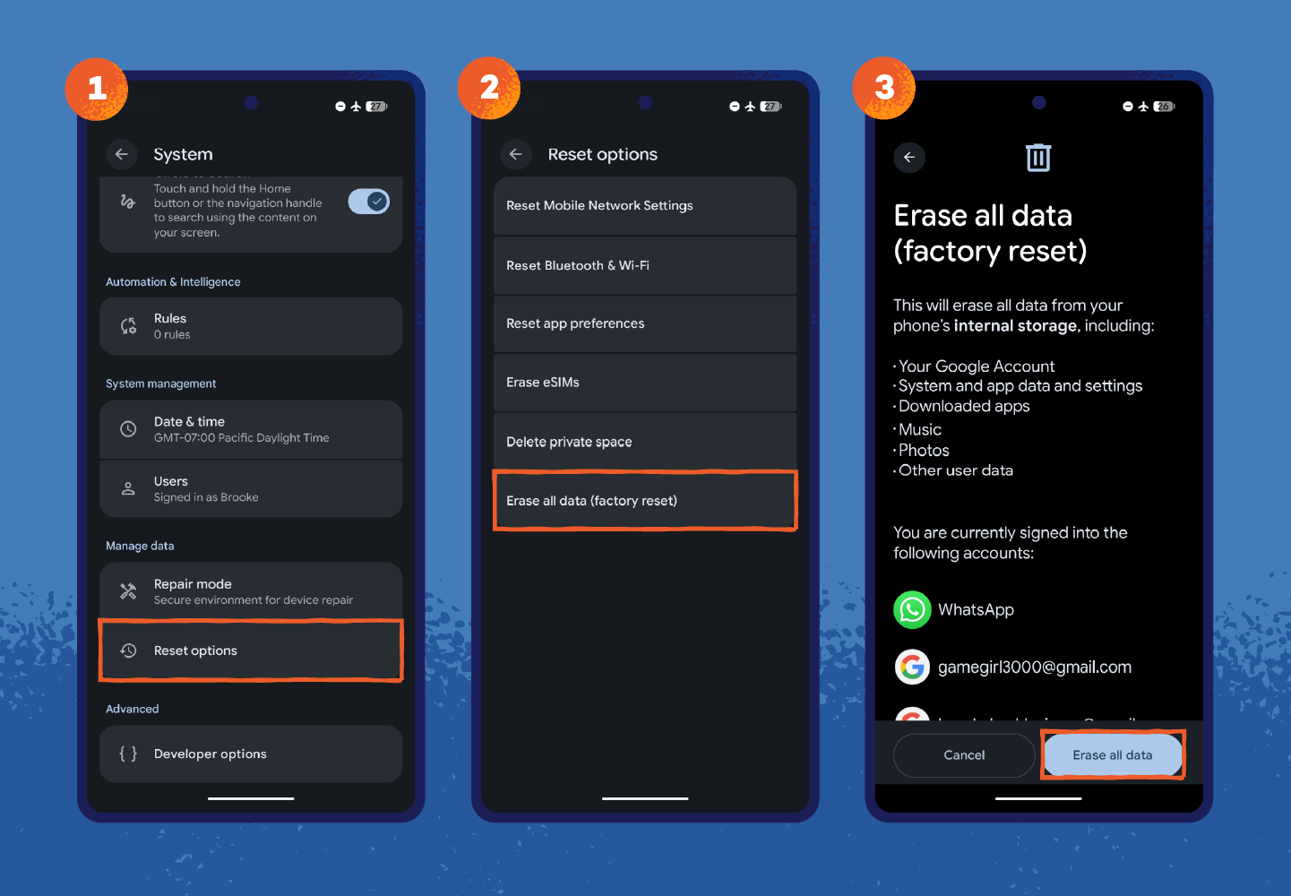 Factory resetting an Android phone.