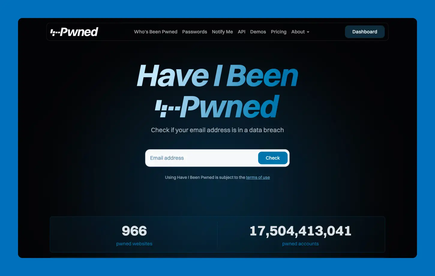 A screenshot of the Have I Been Pwned HIBP home page.