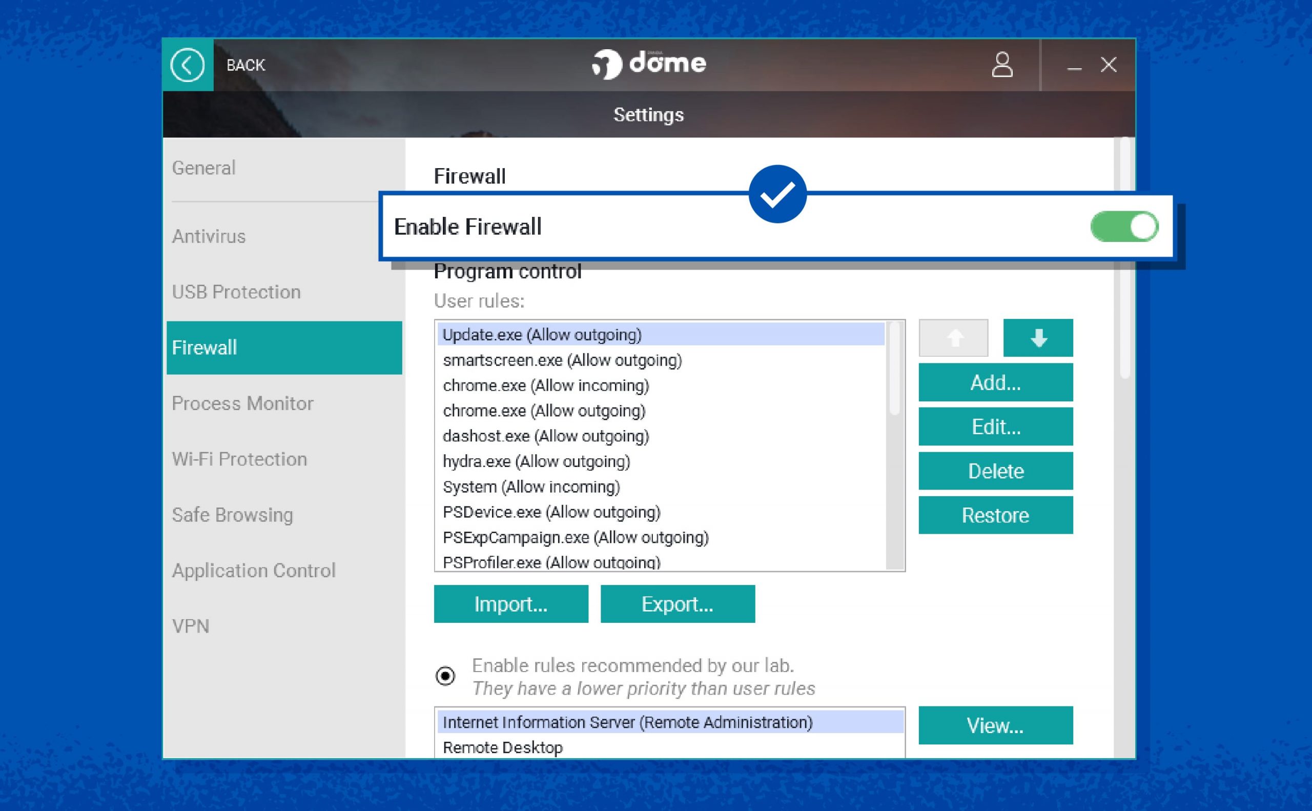 The Panda Dome software dashboard showing the Firewall protection module enabled.