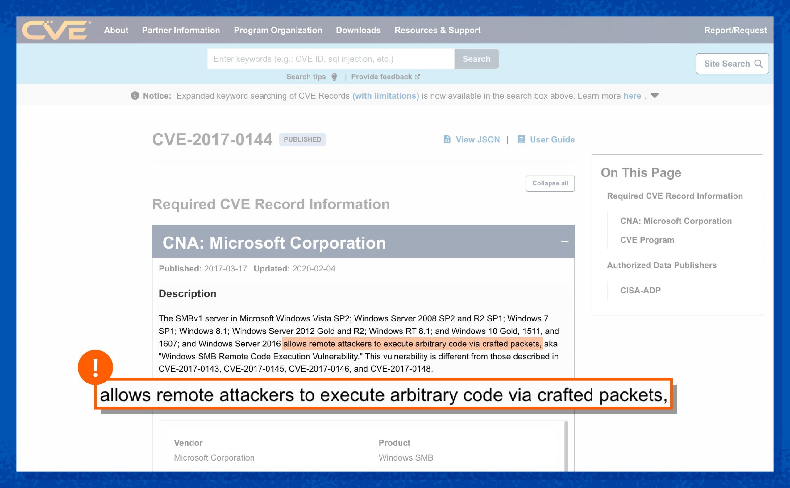 A screenshot of the official MITRE CVE record for CVE-2017-0144, describing the vulnerability in the Microsoft Windows SMBv1 protocol used by EternalBlue.