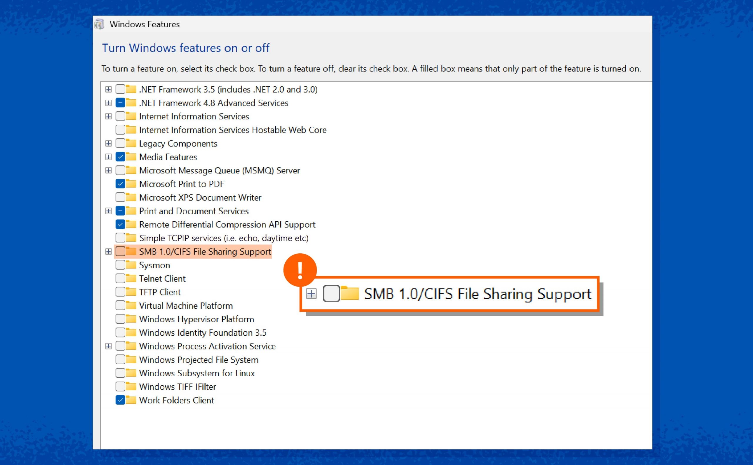 The Windows Features dialog box with the checkbox for SMB 1.0/CIFS File Sharing Support unchecked, demonstrating how to disable the protocol to prevent exploits.