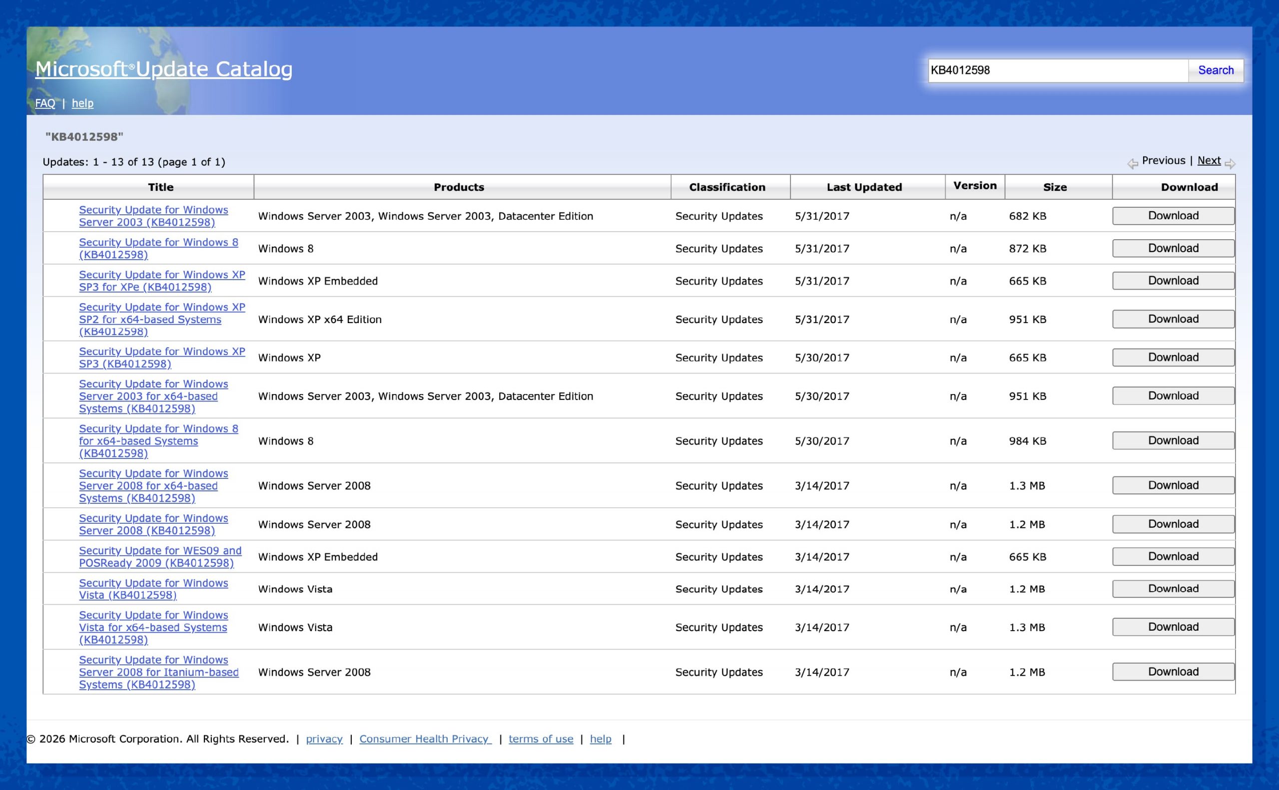 A screenshot of the Microsoft Update Catalog website displaying a search results list of security updates for the MS17-010 vulnerability across various Windows editions.